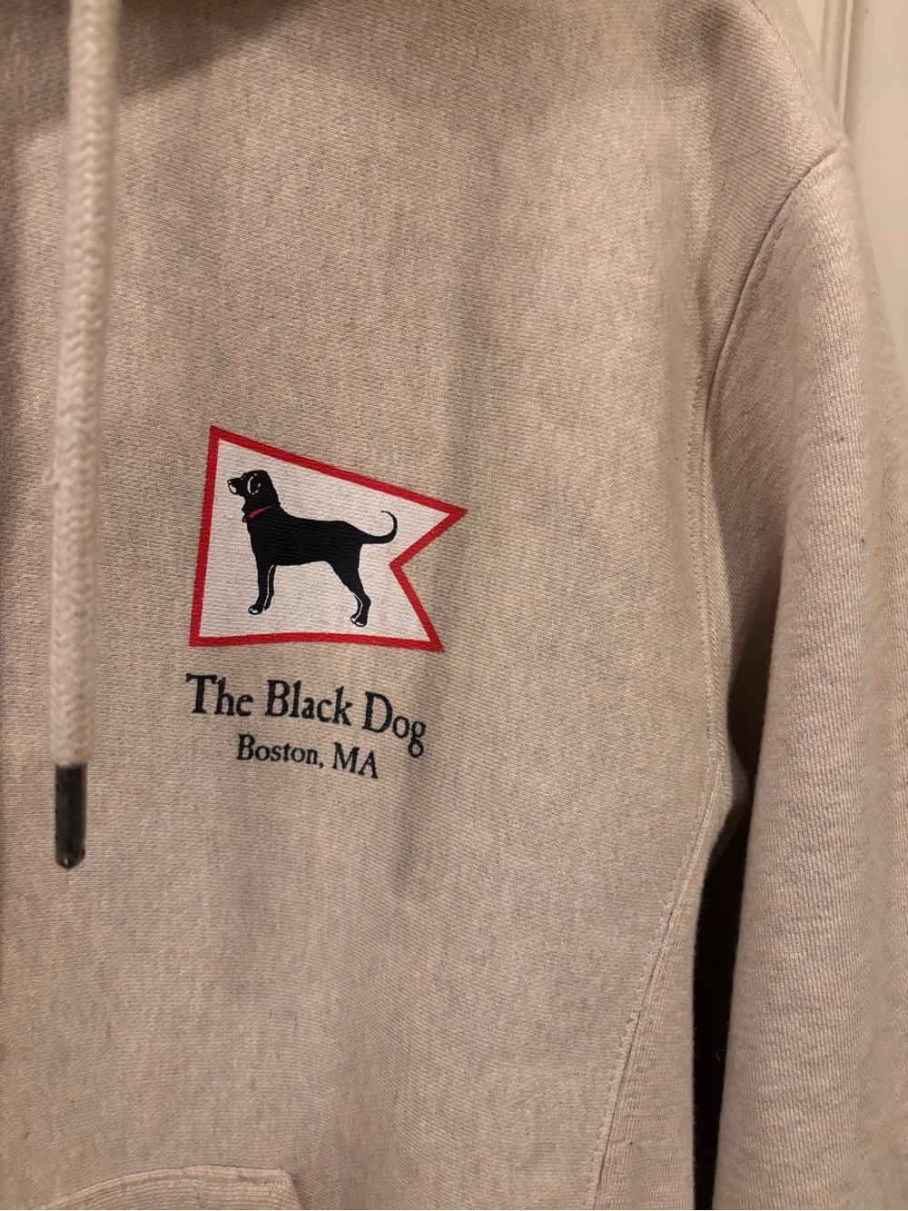 The Black Dog Men’s Cream Crewneck Hoodie with Red Logo Trim